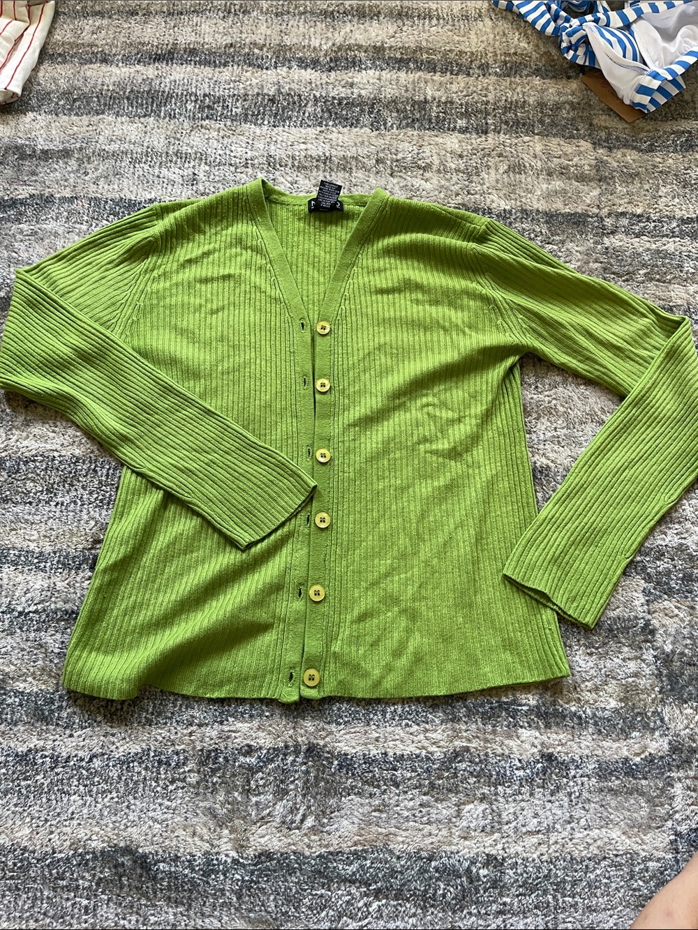 New York & Company Lime Green Ribbed Button-Up Cardigan